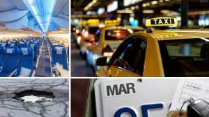 Collage, clock-wise, of airplane interior, taxi lights, vehicle sticker, and pothole.